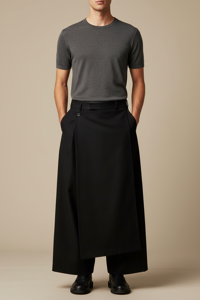 Pantalon Japonais Noir Superposé Asymétrique Ample Moderne - Polyester
