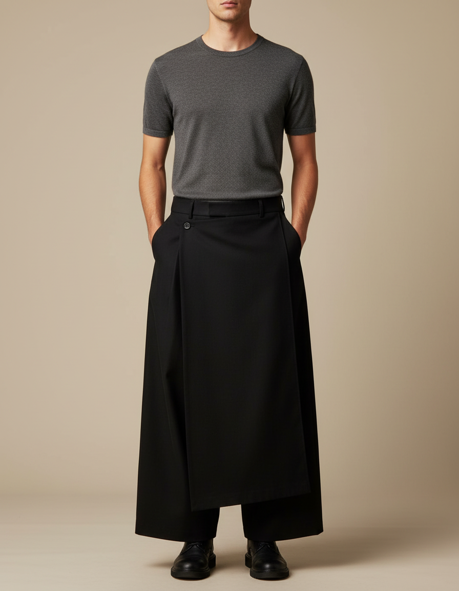 Pantalon Japonais Noir Superposé Asymétrique Ample Moderne - Polyester