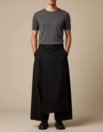 Pantalon Japonais Noir Superposé Asymétrique Ample Moderne - Polyester