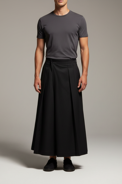 Pantalon Japonais Noir Plissé Ample Unisexe Moderne - Gabardine