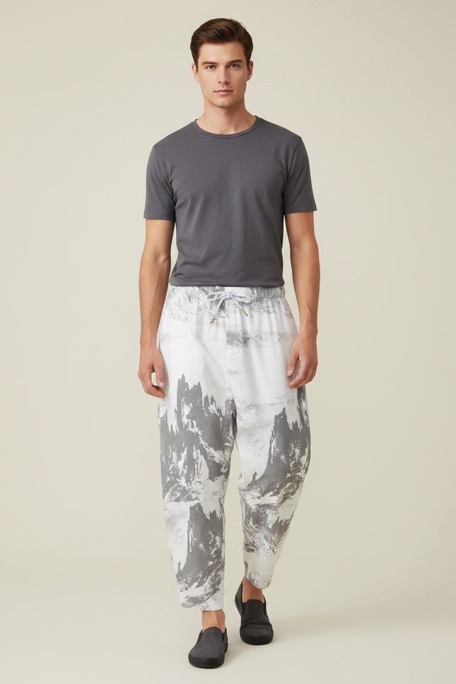 Pantalon Japonais Blanc Imprimé Ample Décontracté Homme - Coton