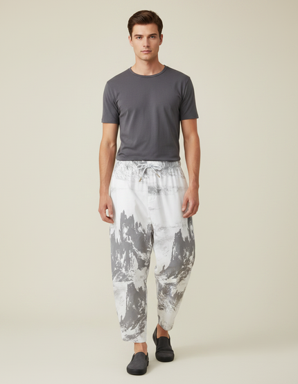 Pantalon Japonais Blanc Imprimé Ample Décontracté Homme - Coton