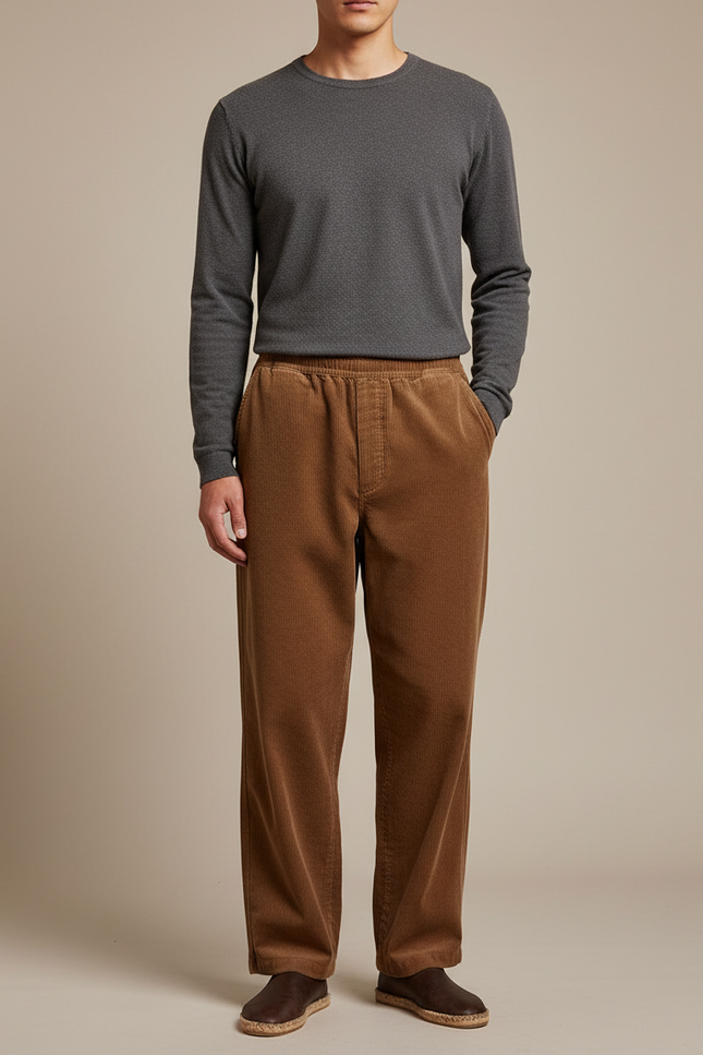 Pantalon Japonais Velours Côtelé Marron Ample Élastique Confortable - Cordé