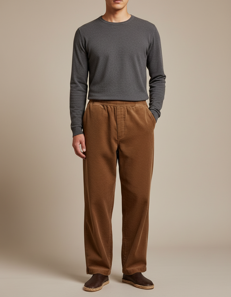 Pantalon Japonais Velours Côtelé Marron Ample Élastique Confortable - Cordé