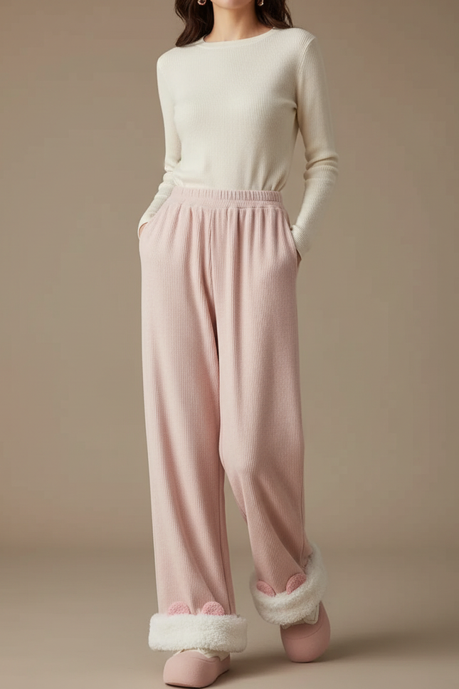 Pantalon Japonais Rose Ample Molletonné Oreilles Mignonnes