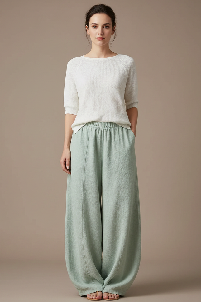 Pantalon Japonais Vert Ample Lin Fluide Femme