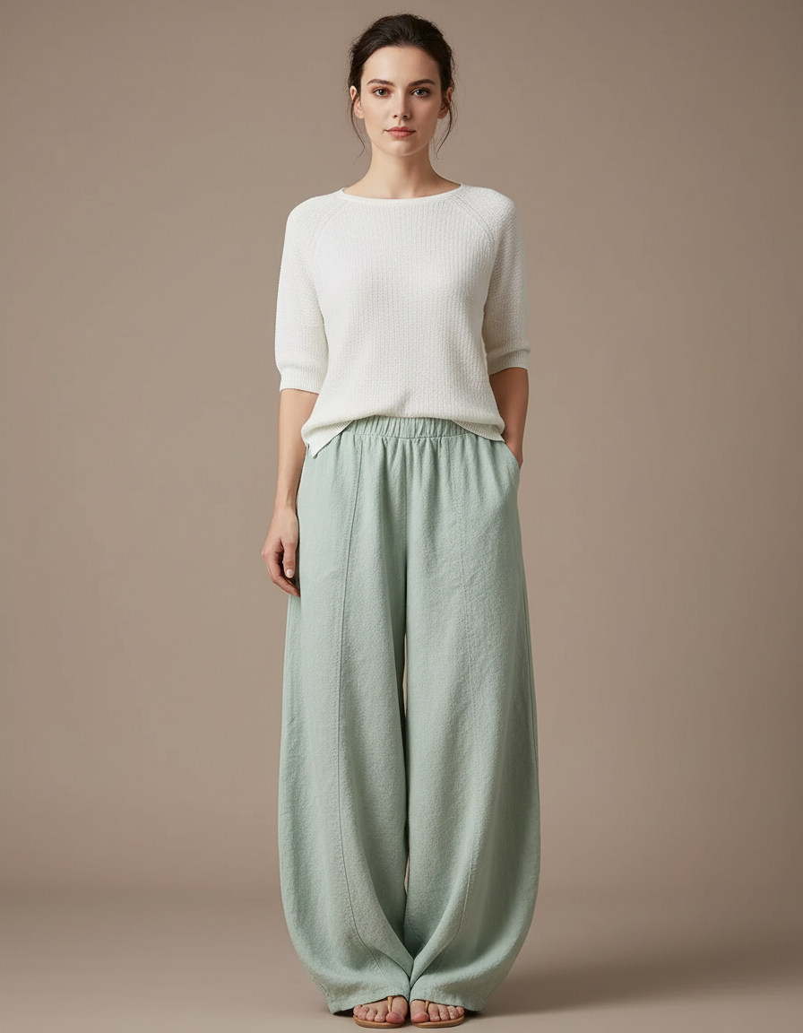 Pantalon Japonais Vert Ample Lin Fluide Femme