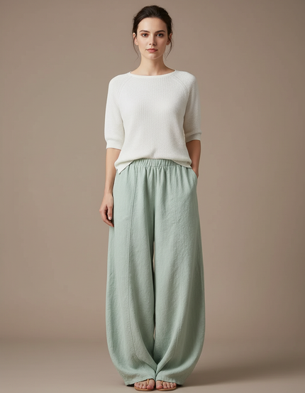 Pantalon Japonais Vert Ample Lin Fluide Femme
