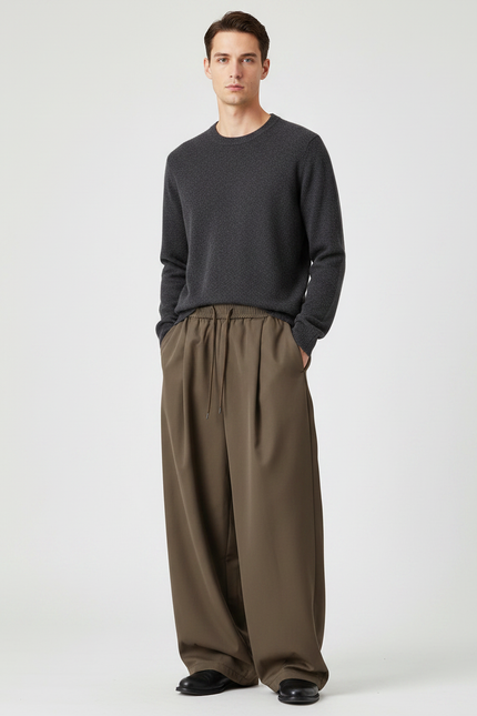 Pantalon Japonais Marron Ample Plissé Décontracté Minimaliste - Kaki Polyester