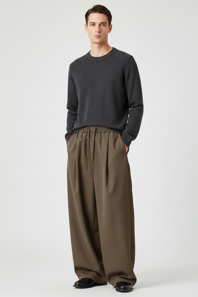 Pantalon Japonais Marron Ample Plissé Décontracté Minimaliste - Kaki Polyester