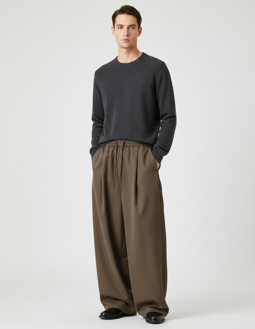 Pantalon Japonais Marron Ample Plissé Décontracté Minimaliste - Kaki Polyester