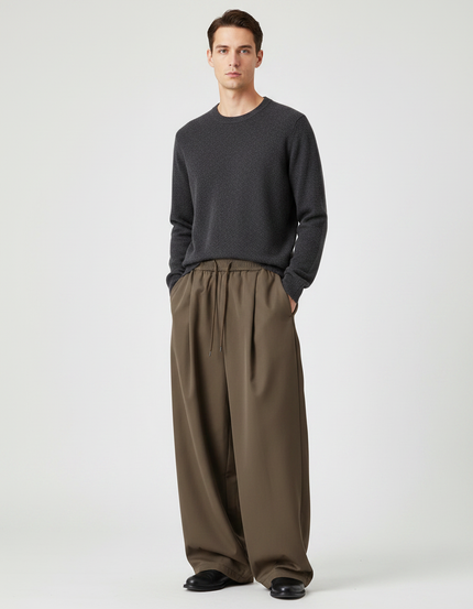 Pantalon Japonais Marron Ample Plissé Décontracté Minimaliste - Kaki Polyester