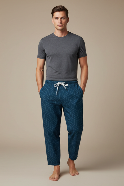 Pantalon Japonais Bleu Marine Géométrique Ample Cordon - Maille