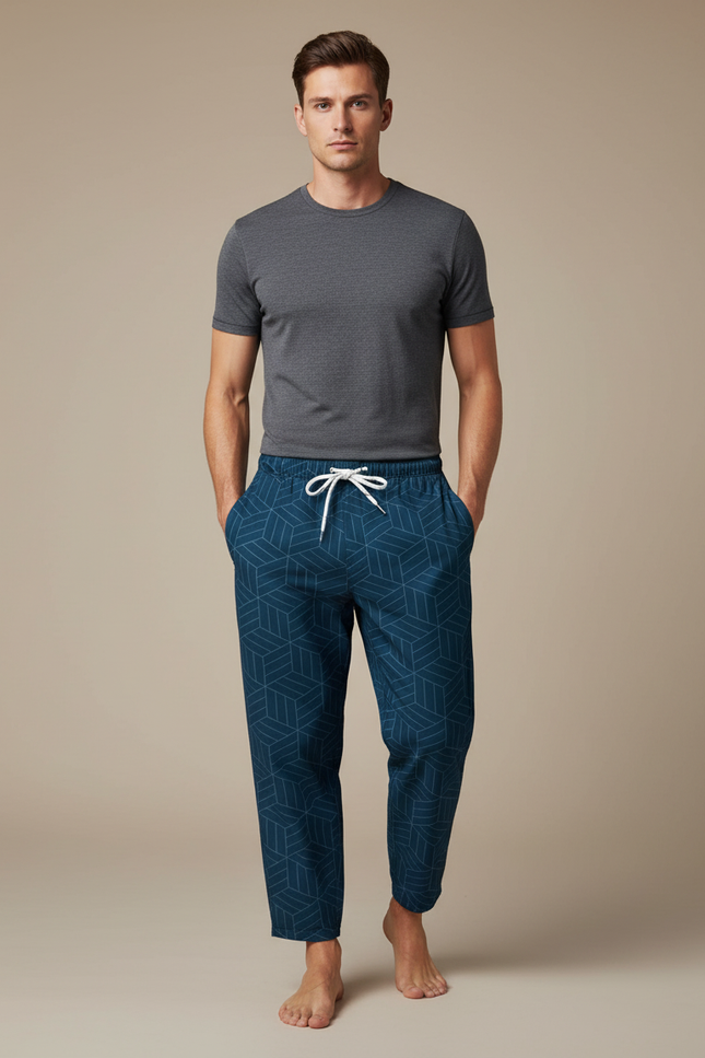 Pantalon Japonais Bleu Marine Géométrique Ample Cordon - Maille