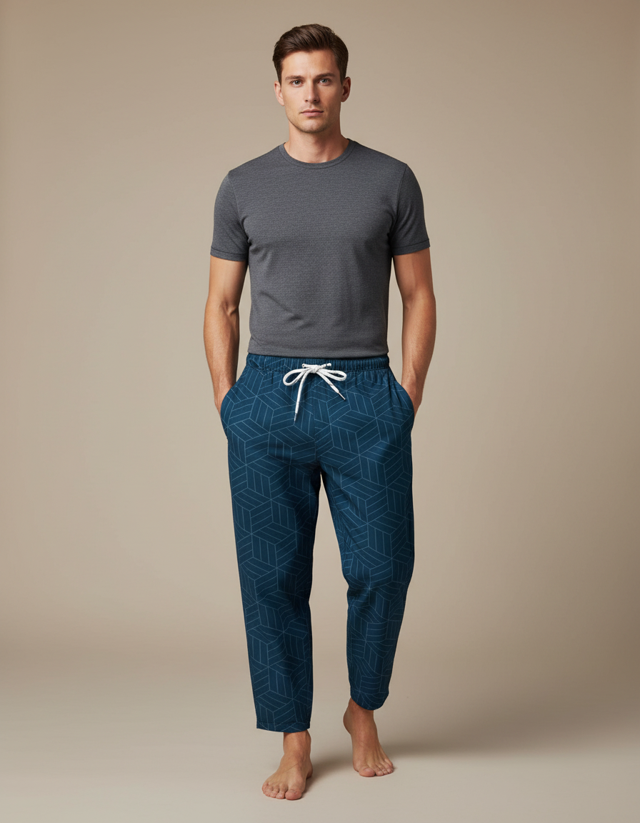 Pantalon Japonais Bleu Marine Géométrique Ample Cordon - Maille