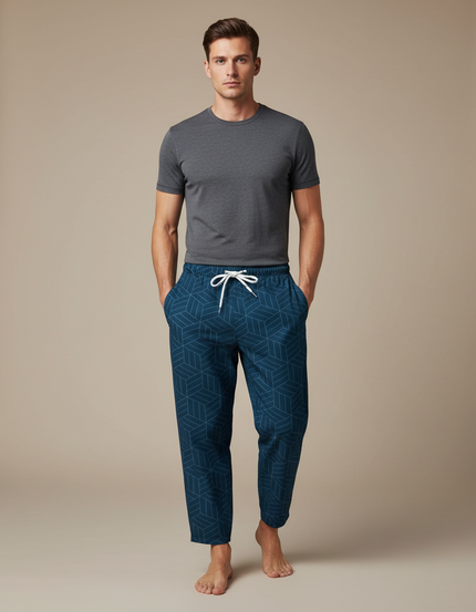 Pantalon Japonais Bleu Marine Géométrique Ample Cordon - Maille