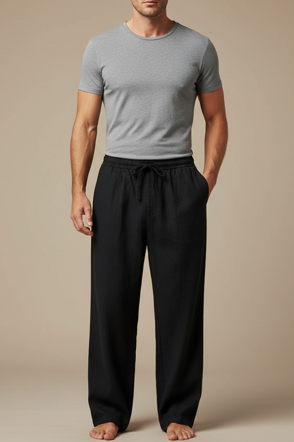 Pantalon Japonais Noir Lin Ample Cordon Décontracté