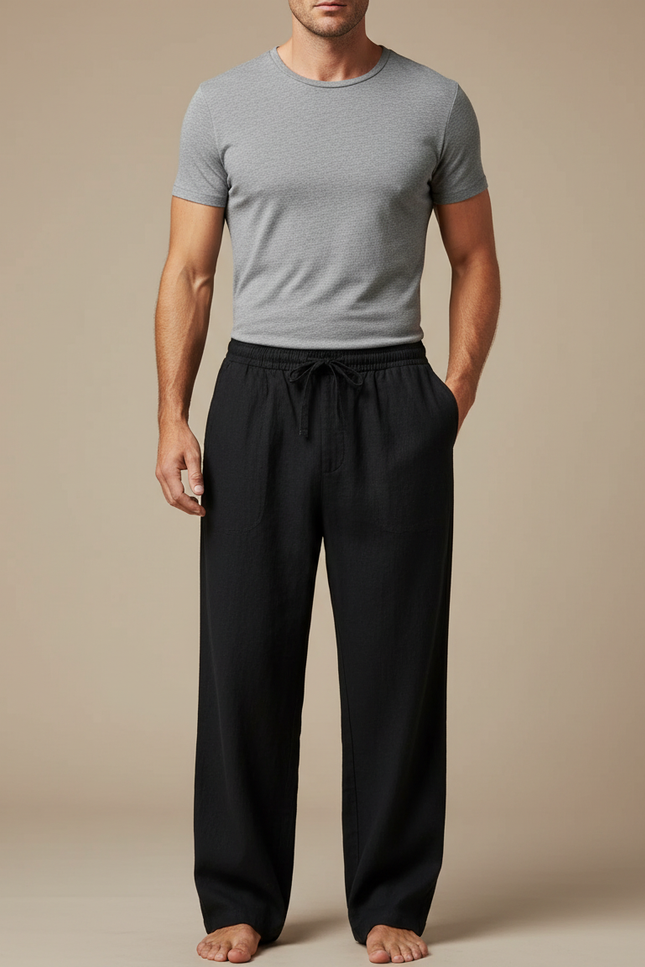 Pantalon Japonais Noir Lin Ample Cordon Décontracté