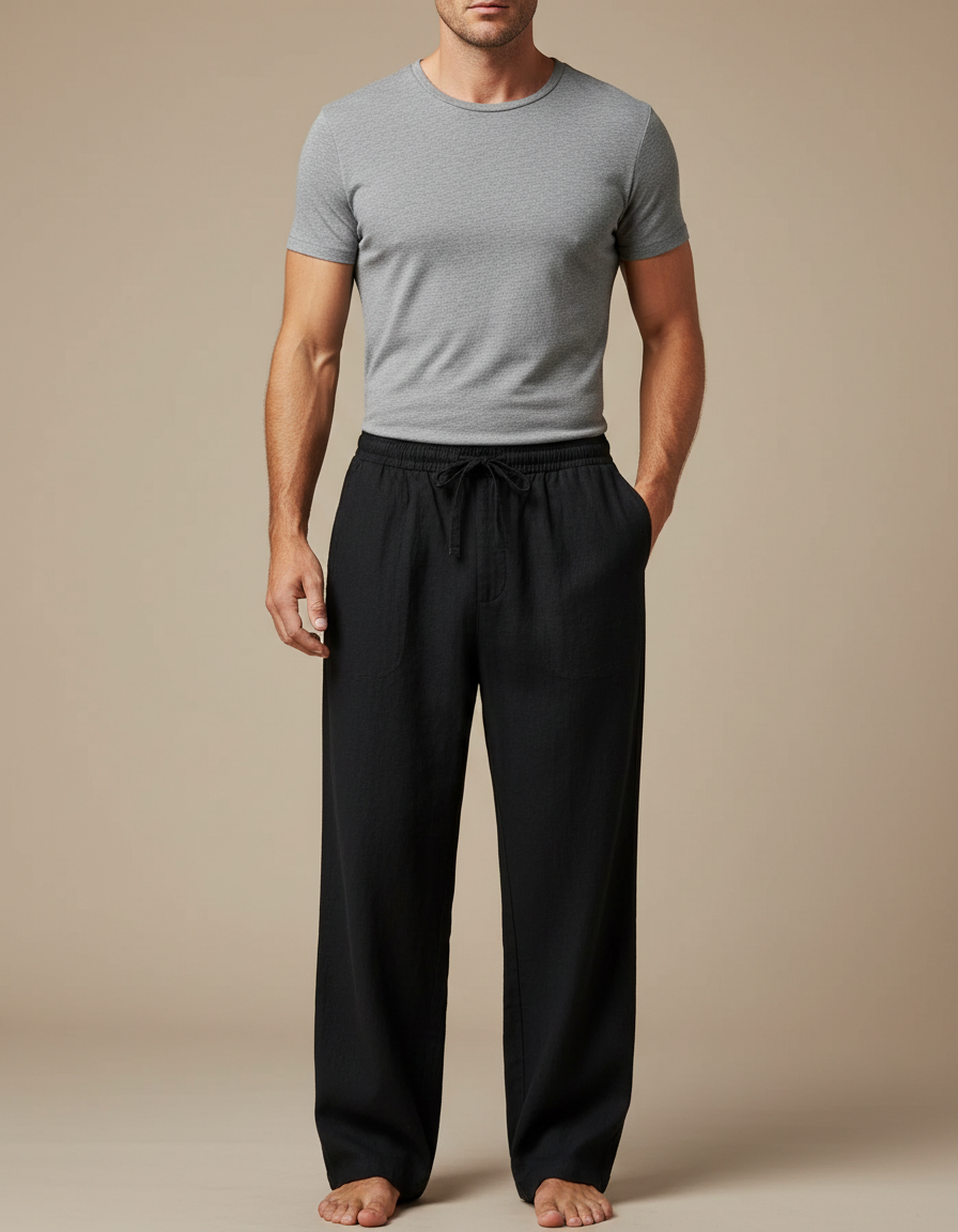 Pantalon Japonais Noir Lin Ample Cordon Décontracté