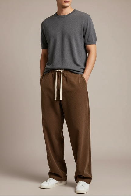 Pantalon Japonais Marron Ample Velours Côtelé Cordon Décontracté - Cordé