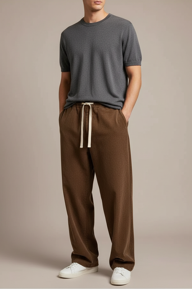 Pantalon Japonais Marron Ample Velours Côtelé Cordon Décontracté - Cordé