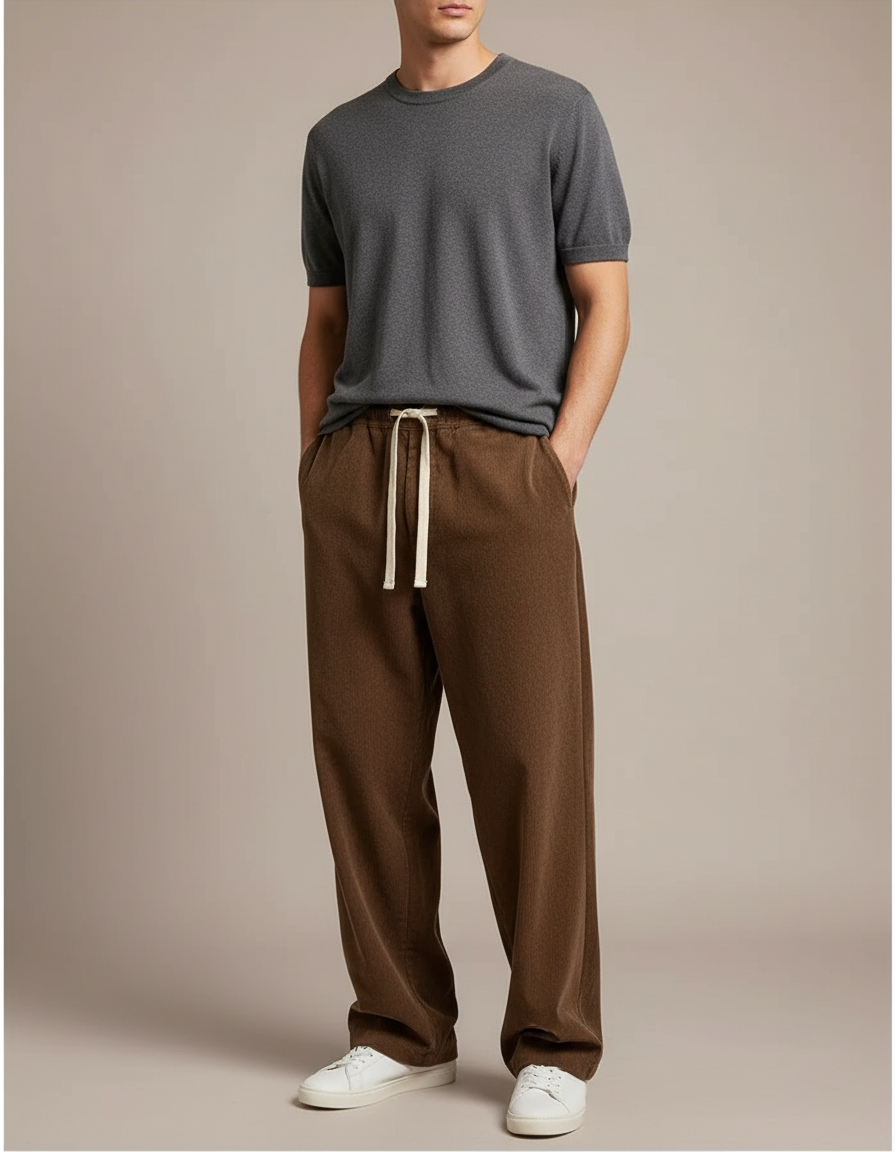 Pantalon Japonais Marron Ample Velours Côtelé Cordon Décontracté - Cordé