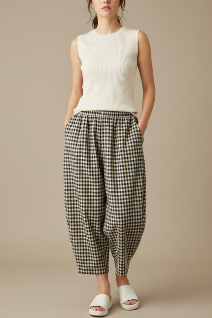 Pantalon Japonais Carreaux Ample Coton Confortable Femme - Imprimé
