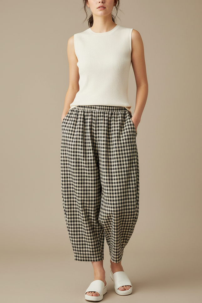 Pantalon Japonais Carreaux Ample Coton Confortable Femme - Imprimé