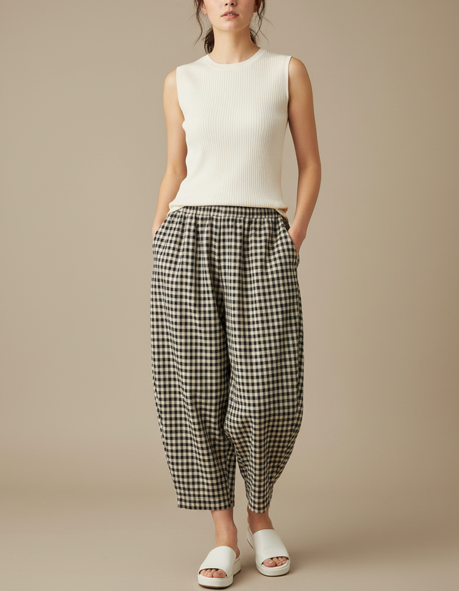 Pantalon Japonais Carreaux Ample Coton Confortable Femme - Imprimé