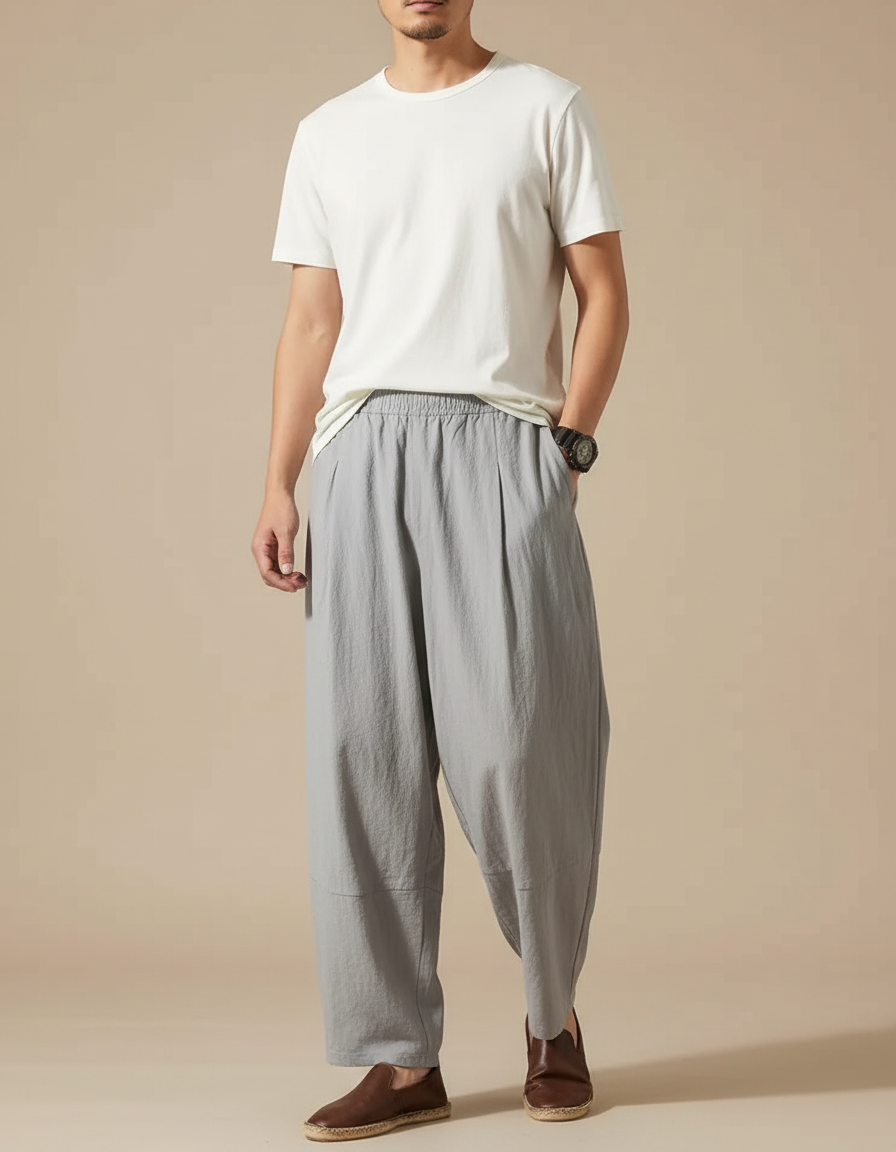Pantalon Large Plissé Japonais - Gris Lin