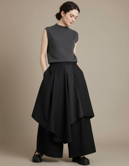 Pantalon Japonais Noir Asymétrique Plissé Rayé Large - Polyester