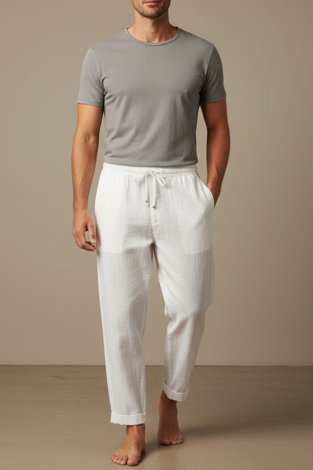 Pantalon Japonais Blanc Lin Ample Décontracté Cordon Homme