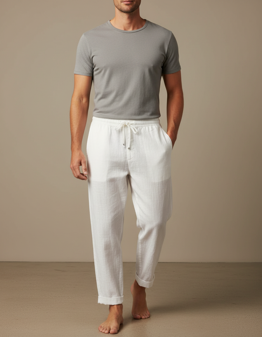 Pantalon Japonais Blanc Lin Ample Décontracté Cordon Homme