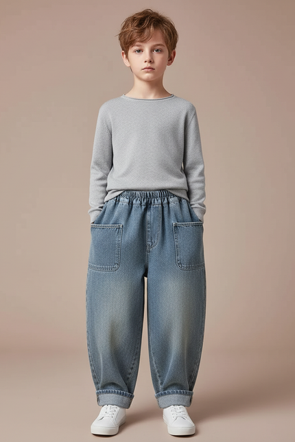 Pantalon Japonais Denim Ample Poches Garçon Décontracté - Bleu Jean