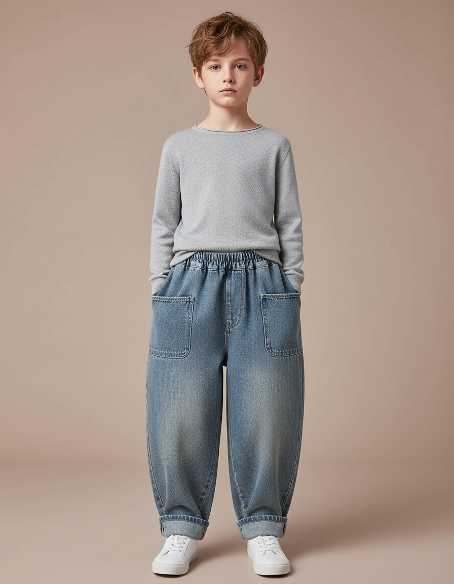 Pantalon Japonais Denim Ample Poches Garçon Décontracté - Bleu Jean