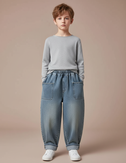 Pantalon Japonais Denim Ample Poches Garçon Décontracté - Bleu Jean