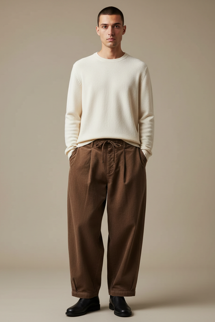 Pantalon Japonais Marron Côtelé Ample Homme Décontracté - Cordé