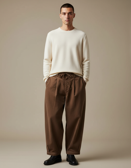 Pantalon Japonais Marron Côtelé Ample Homme Décontracté - Cordé