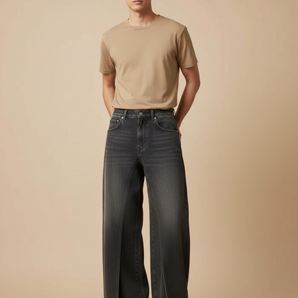 Pantalon Japonais Denim Gris Ample Fendu Unisexe - Jean