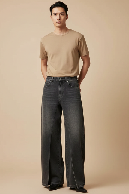 Pantalon Japonais Denim Gris Ample Fendu Unisexe - Jean