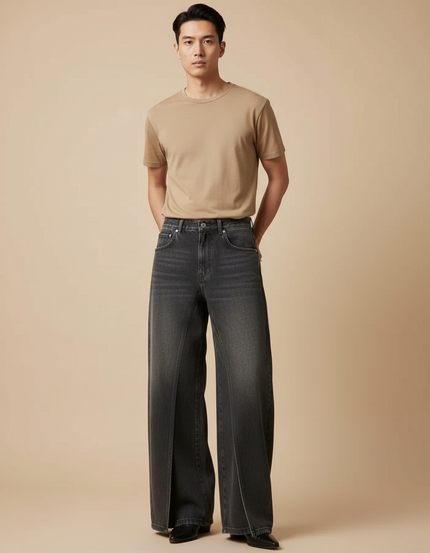 Pantalon Japonais Denim Gris Ample Fendu Unisexe - Jean