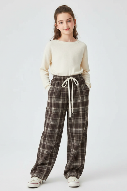 Pantalon Japonais Carreaux Marron Ample Cordon Décontracté - Tweed
