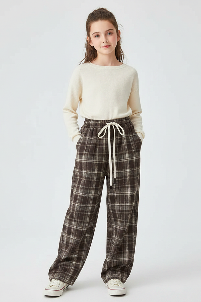Pantalon Japonais Carreaux Marron Ample Cordon Décontracté - Tweed