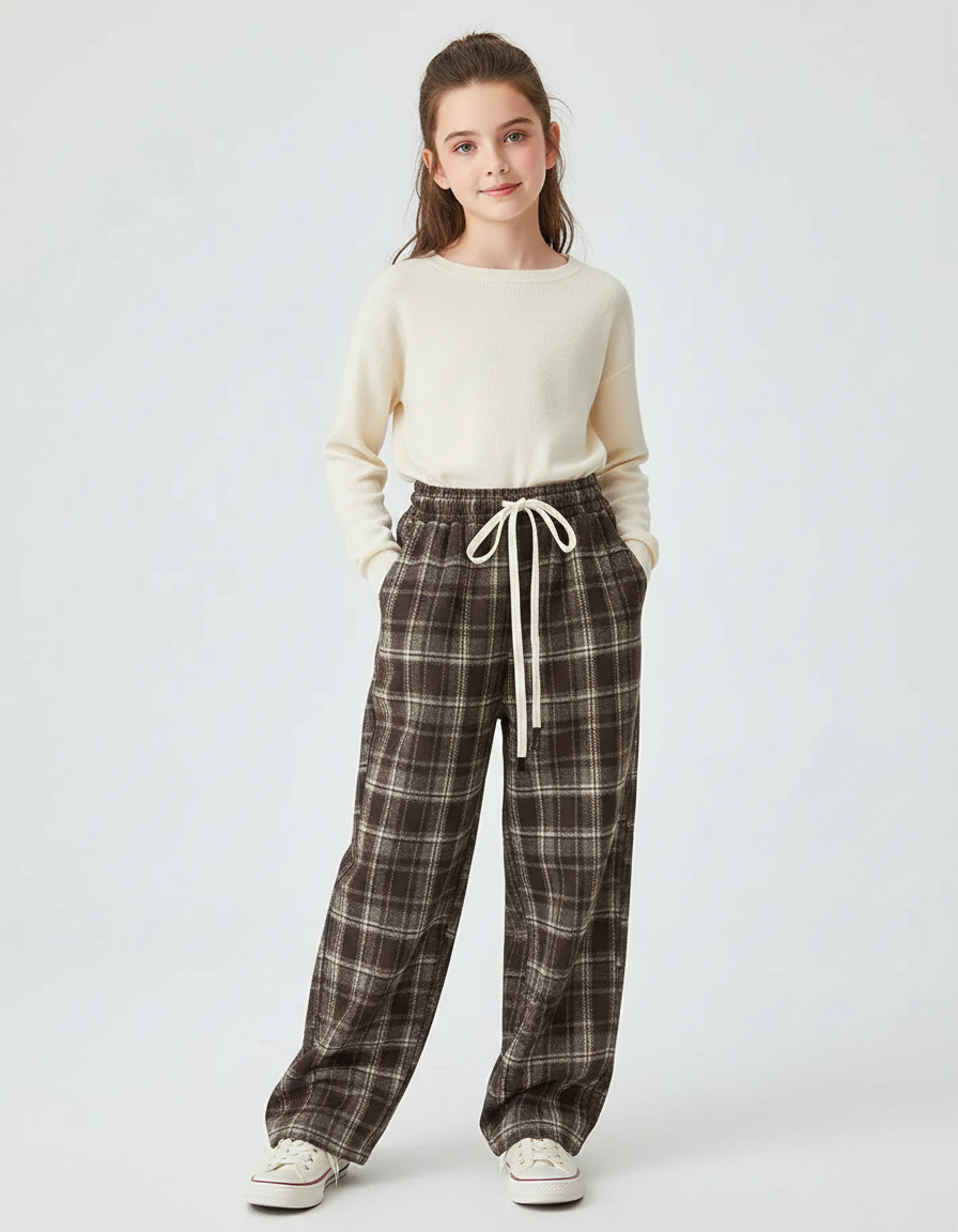 Pantalon Japonais Carreaux Marron Ample Cordon Décontracté - Tweed