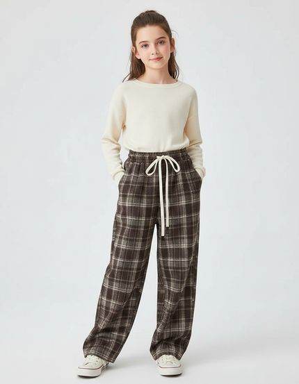 Pantalon Japonais Carreaux Marron Ample Cordon Décontracté - Tweed