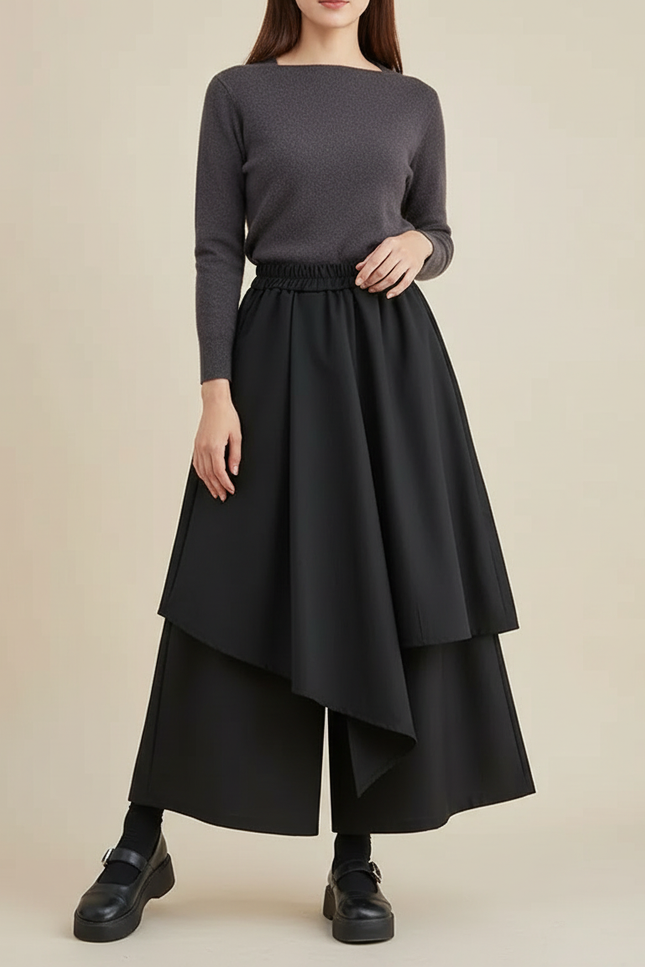 Pantalon Japonais Noir Asymétrique Superposé Fluide Moderne - Polyester