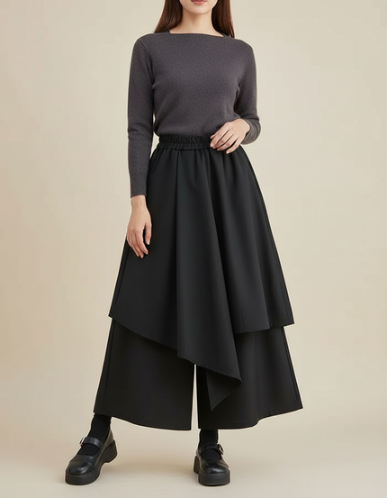 Pantalon Japonais Noir Asymétrique Superposé Fluide Moderne - Polyester