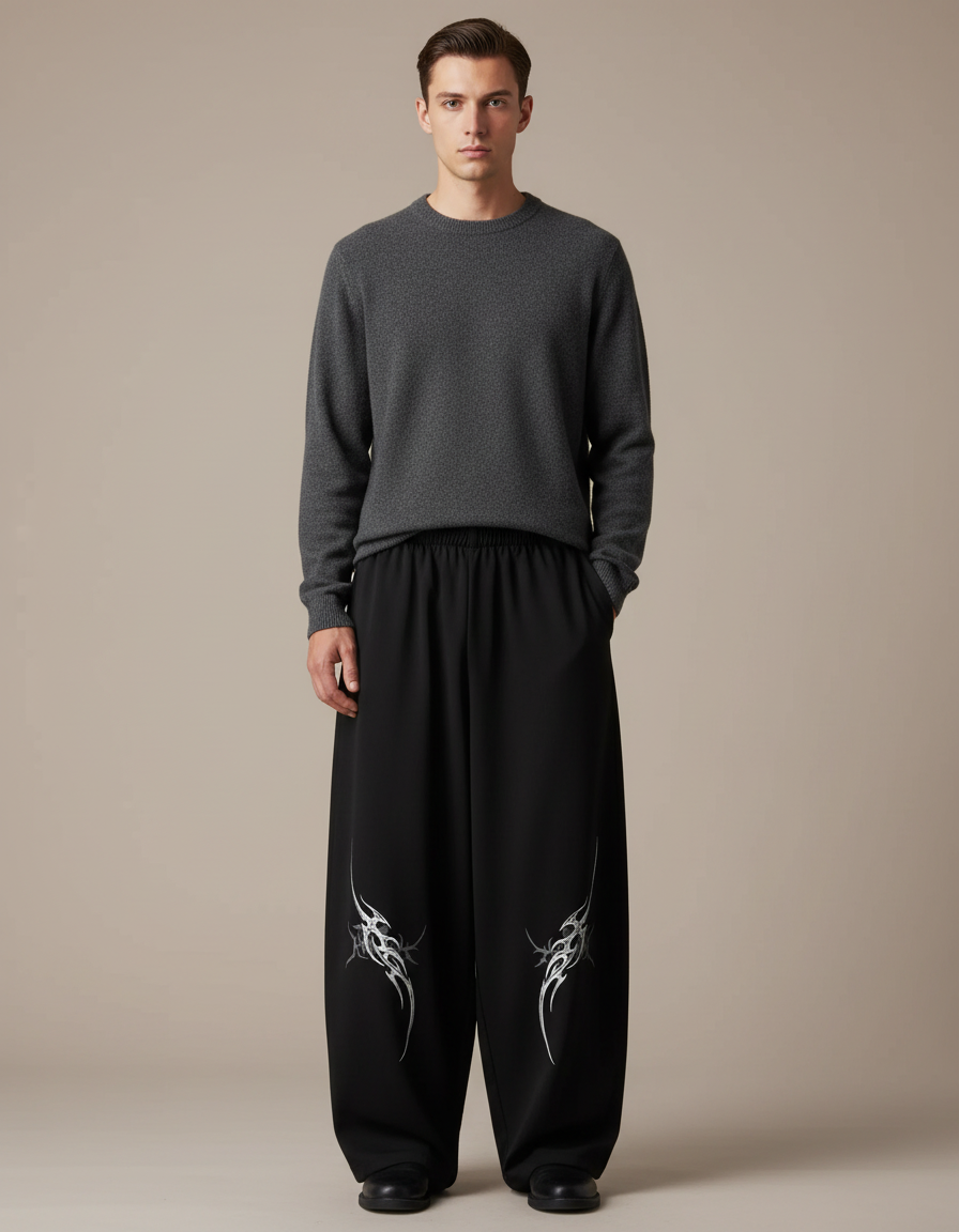 Pantalon Japonais Noir Large Streetwear Tribal Homme - Polyester
