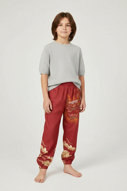 Pantalon Japonais Rouge Dragon Ample Coton Enfant - Polyester