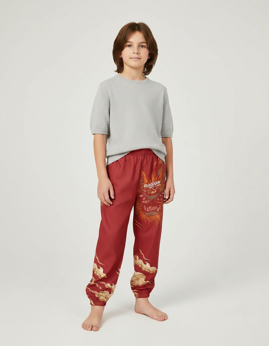 Pantalon Japonais Rouge Dragon Ample Coton Enfant - Polyester